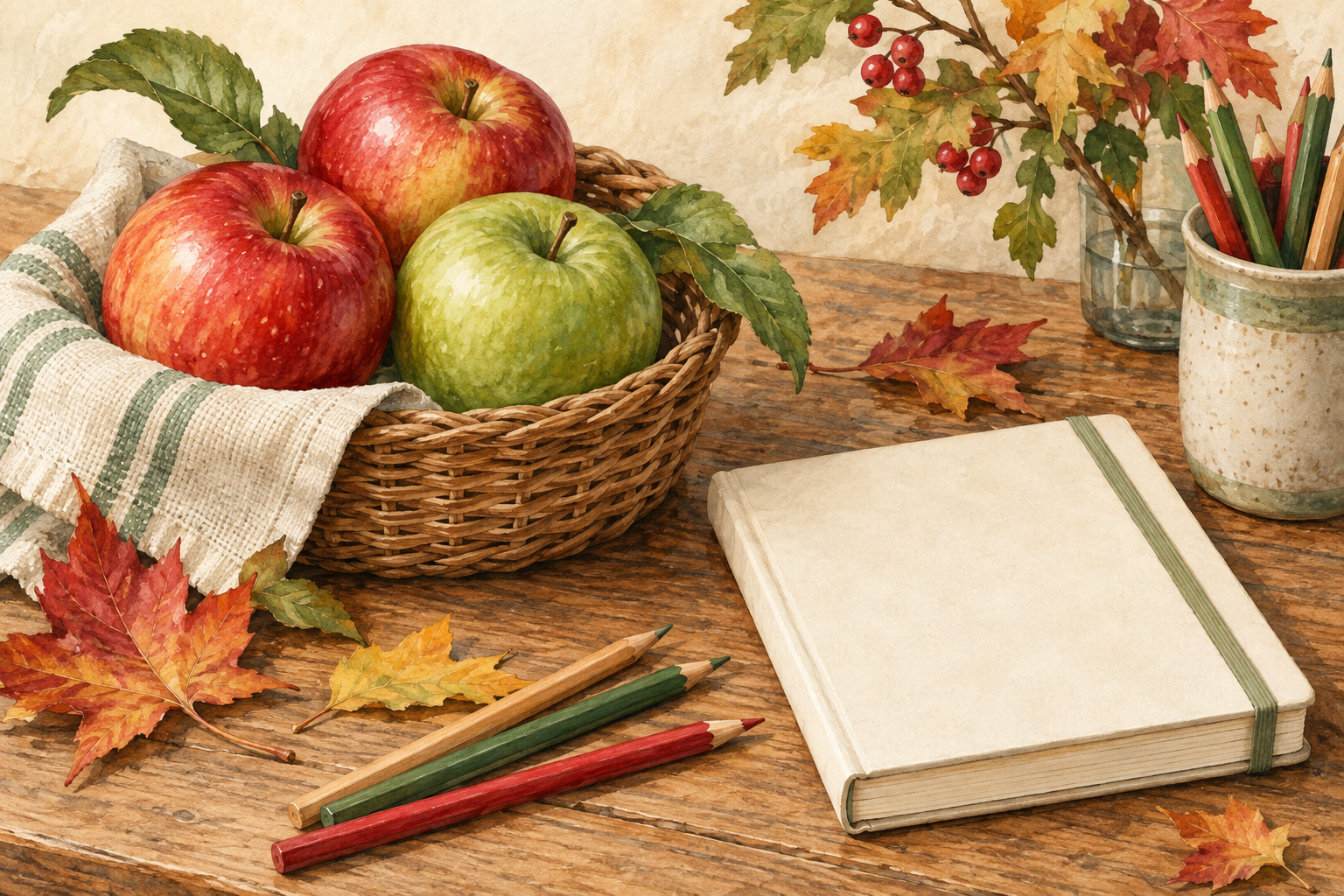Watercolor apples in a basket beside a closed cream notebook, colored pencils, and autumn leaves on a wooden table.